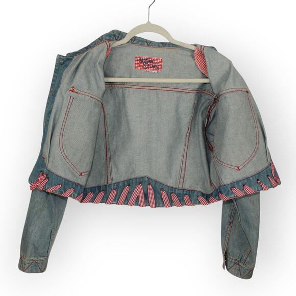 Vtg M/L HystericEtVous Crop Denim JeanJacket Western Gingham Red Cowgirl Light - Picture 7 of 14